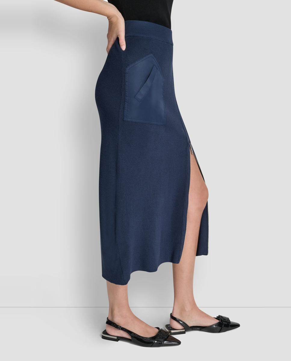 Saia Midi com Detalhe de Fecho de Correr Azul-6