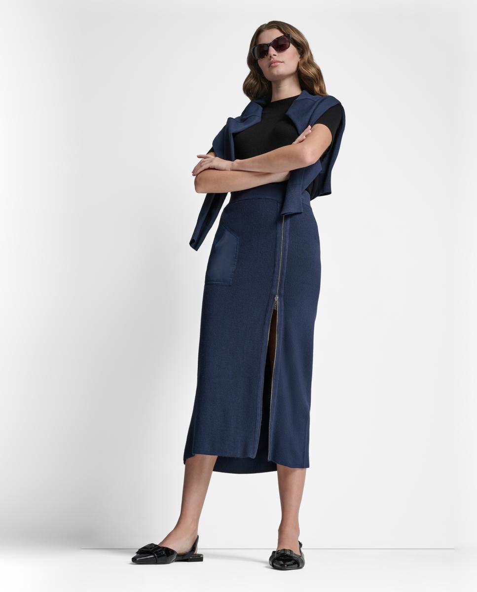Saia Midi com Detalhe de Fecho de Correr Azul-7
