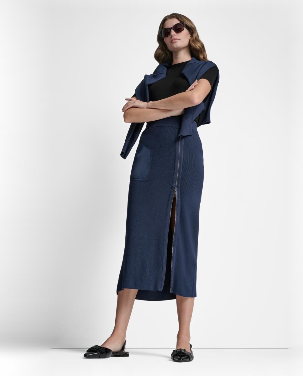 Saia Midi com Detalhe de Fecho de Correr Azul-7