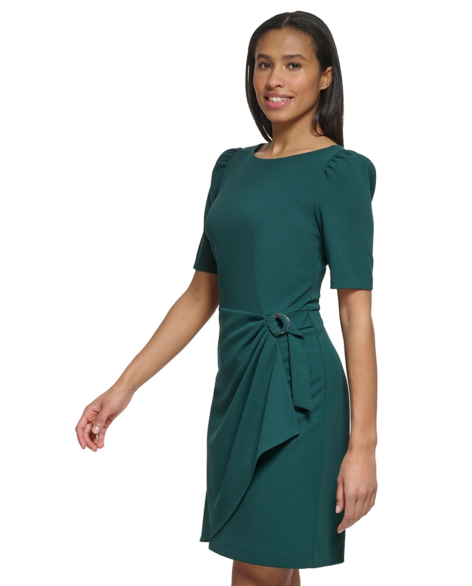 Vestido curto com decote redondo Verde-escuro-4