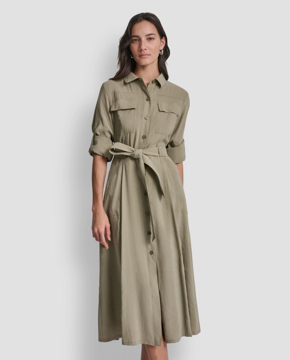 Vestido midi de manga comprida Verde-militar-4