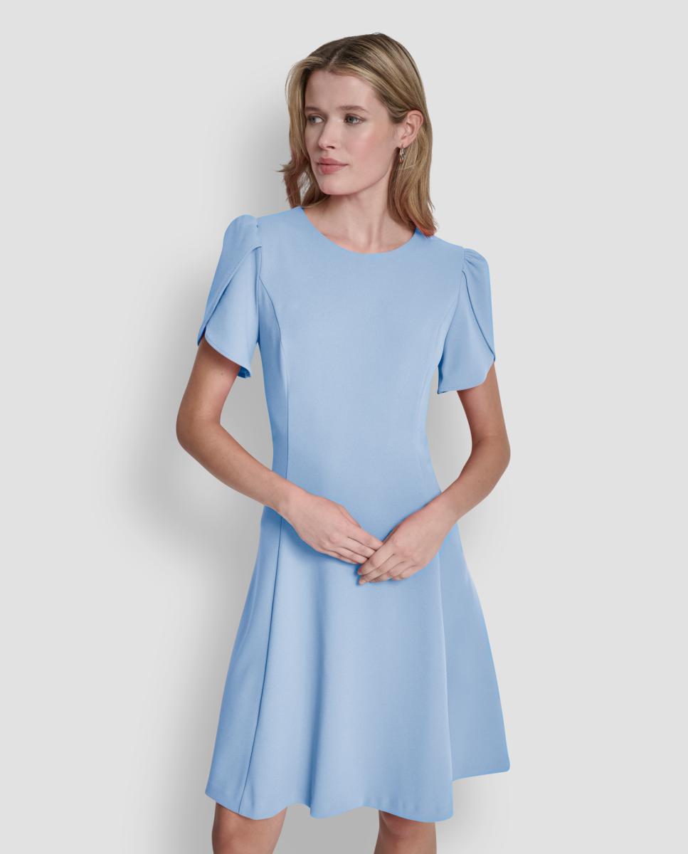 Vestido Curto com Mangas Cruzadas Azul-4