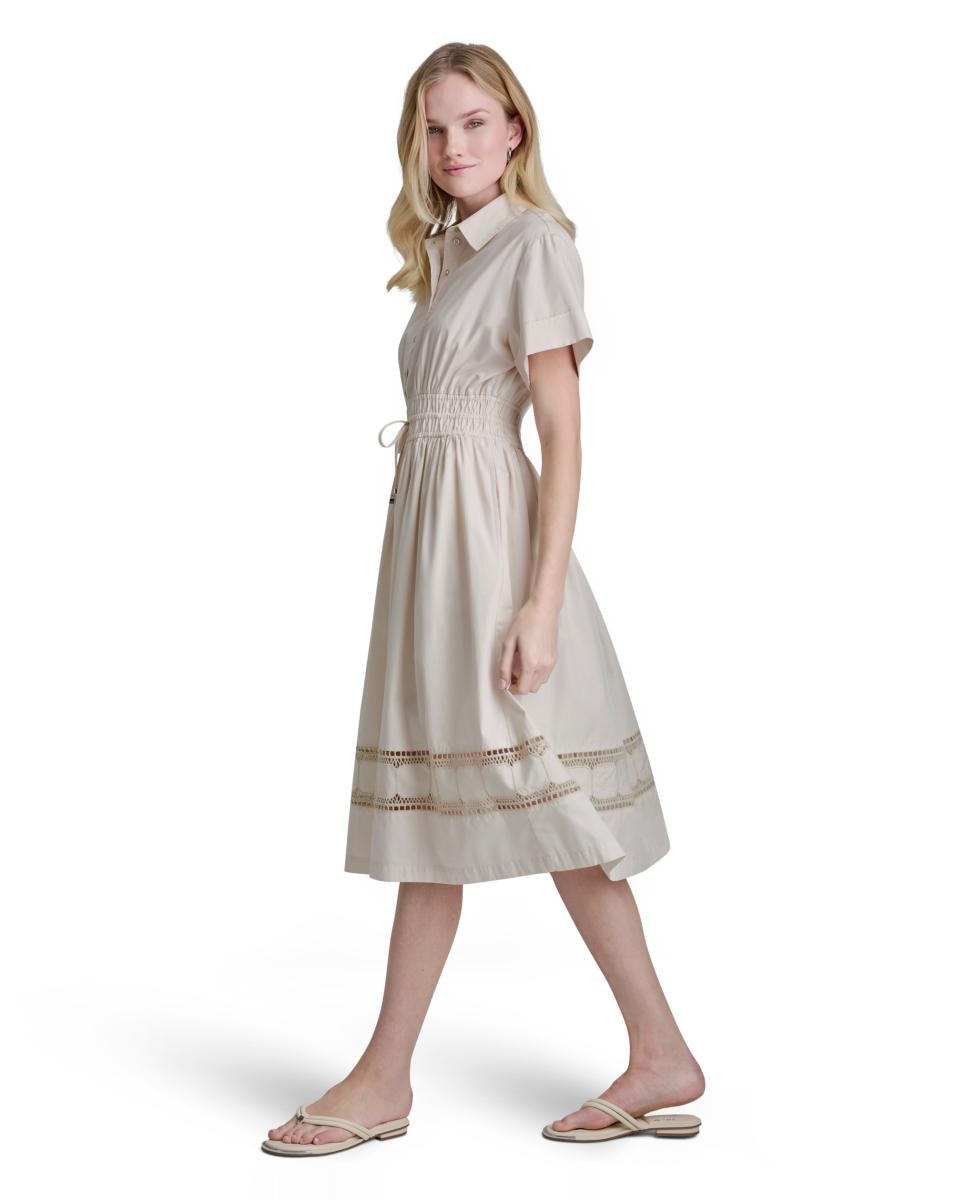 Vestido Camiseiro Midi de Manga Curta Cintado Creme-3
