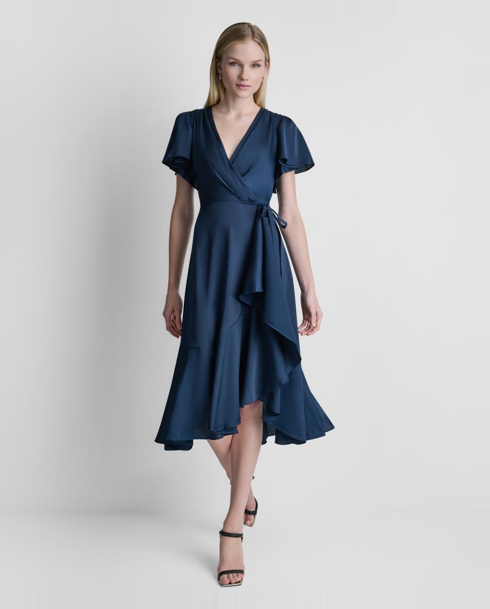 Imagem 0 de Vestido Midi Fluido de Manga Curta com Folho