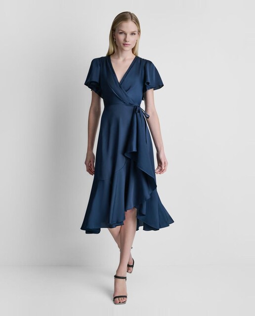 Vestido midi fluido de manga corta con volante de mujer