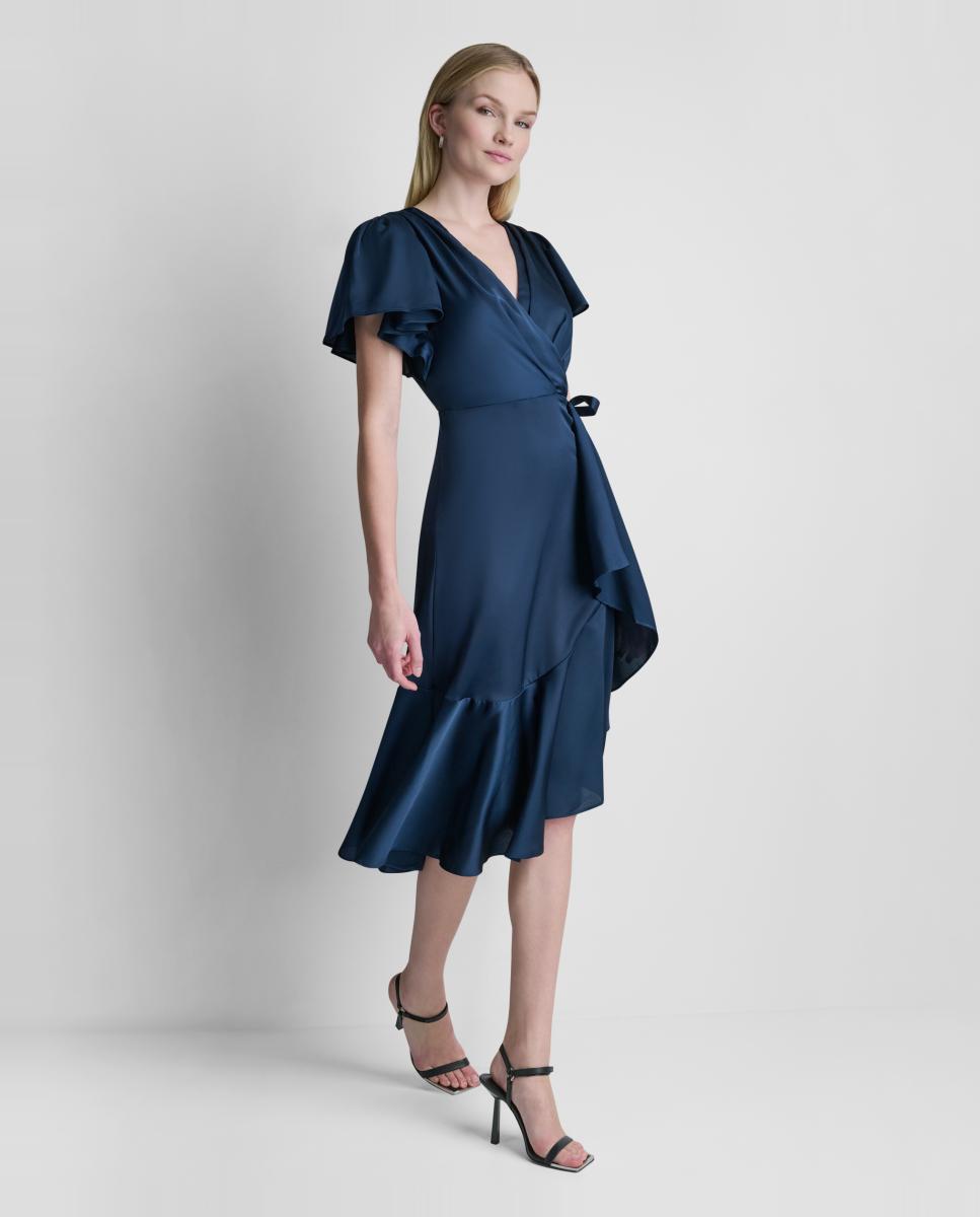 Vestido Midi Fluido de Manga Curta com Folho Azul-3
