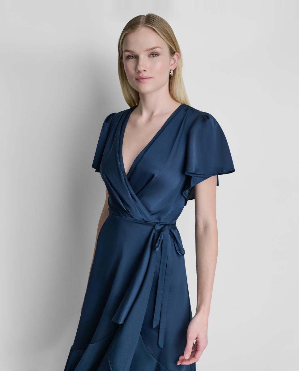 Vestido Midi Fluido de Manga Curta com Folho Azul-4