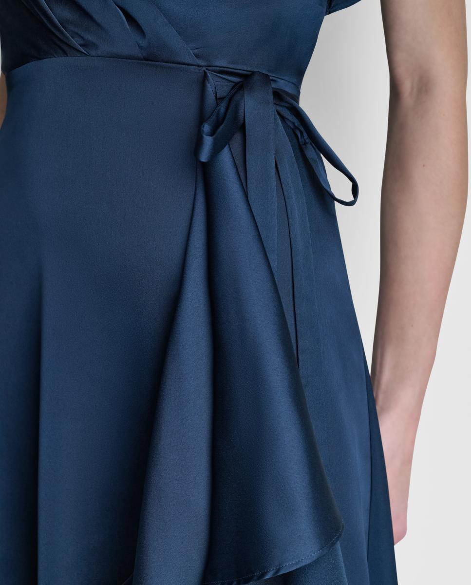 Vestido Midi Fluido de Manga Curta com Folho Azul-5