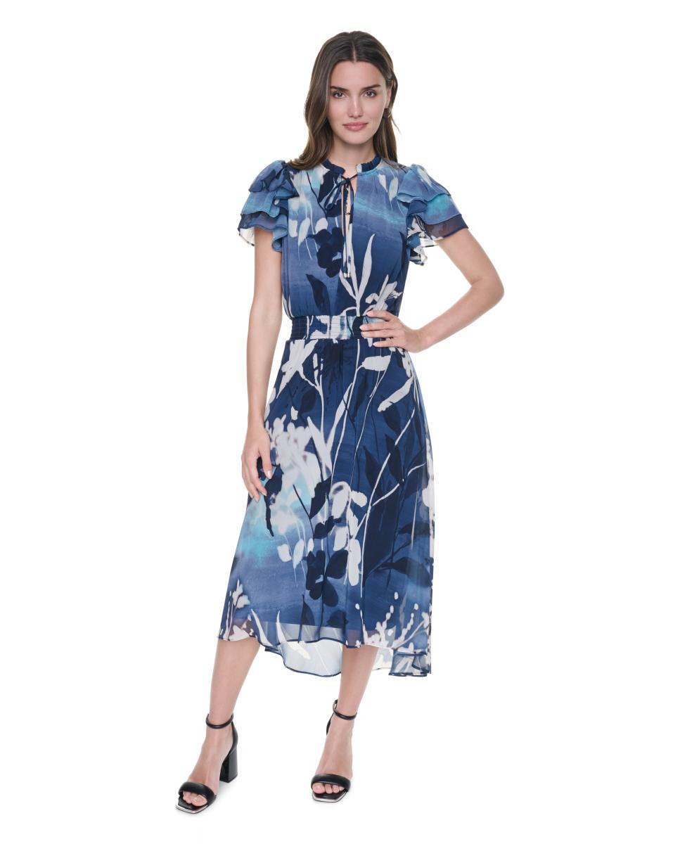Imagem 0 de Vestido Midi Fluido com Parte Inferior Assimétrica e Manga Curta