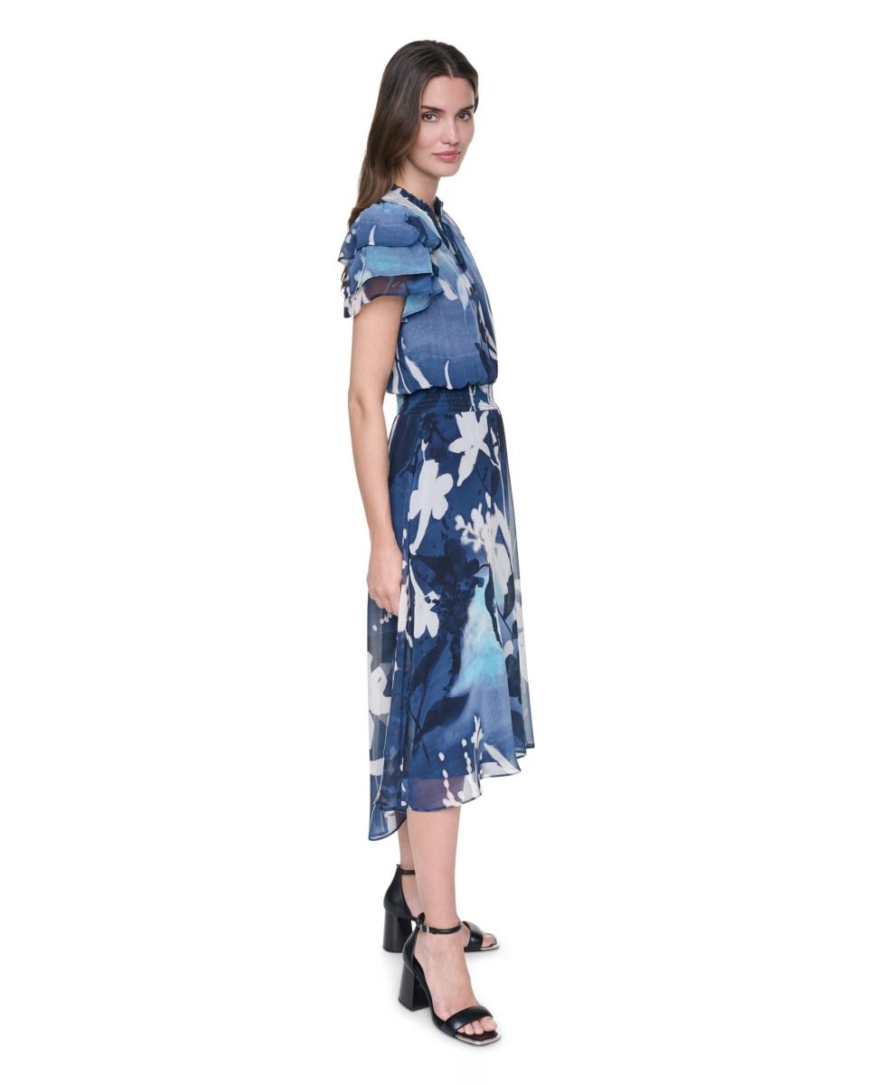 Vestido Midi Fluido com Parte Inferior Assimétrica e Manga Curta Azul-2
