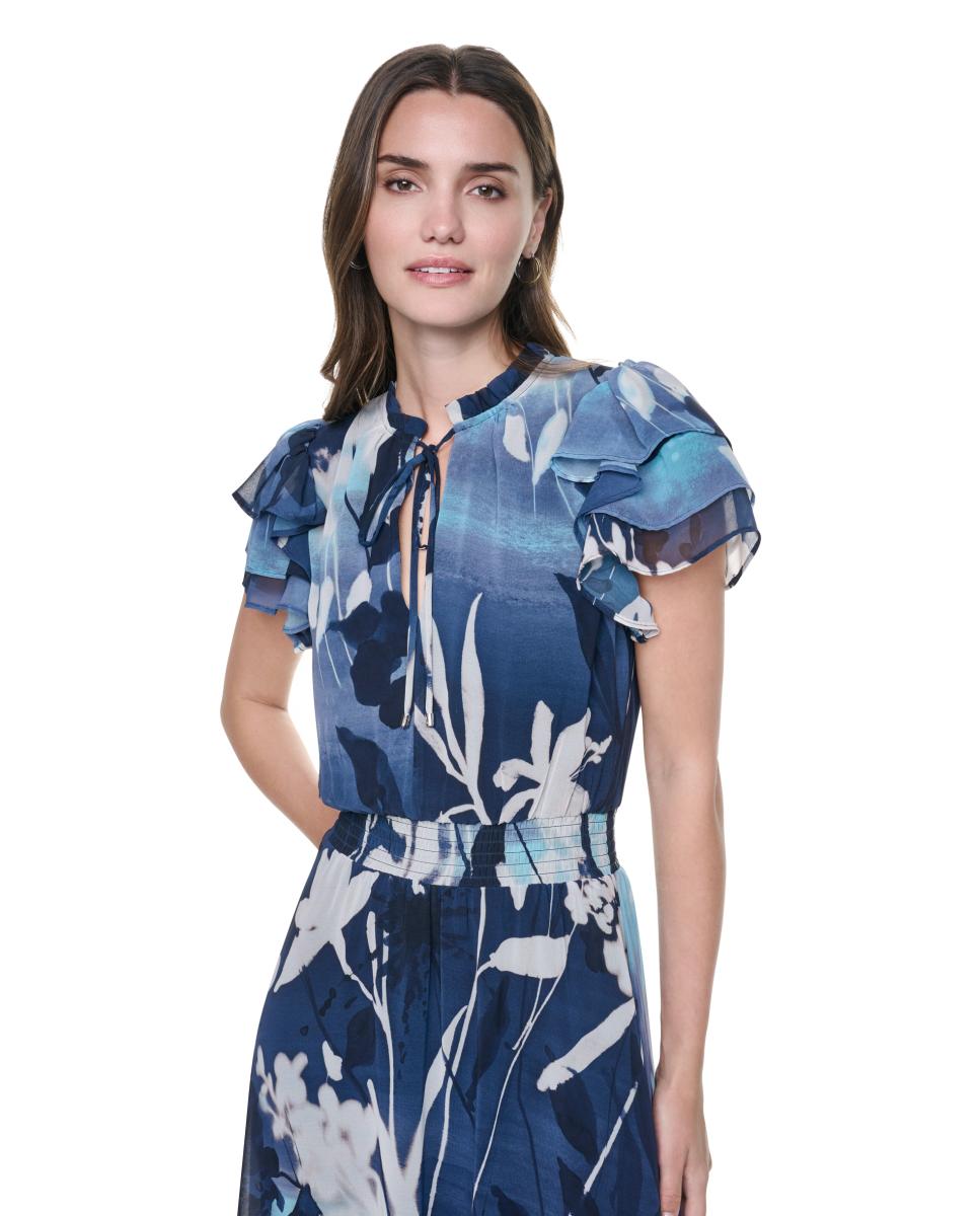 Vestido Midi Fluido com Parte Inferior Assimétrica e Manga Curta Azul-3