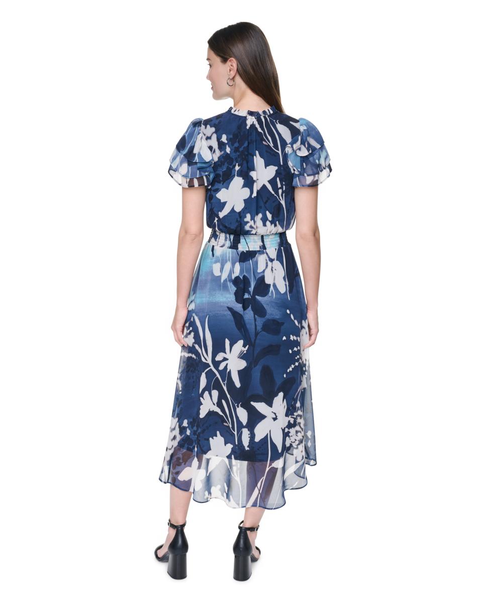 Vestido Midi Fluido com Parte Inferior Assimétrica e Manga Curta Azul-5