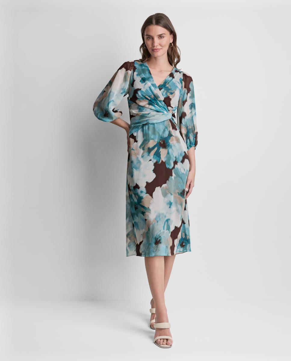 DKNY - Vestido midi fluido de manga francesa con frunce en los puños y escote cruzado con lazada en cintura de mujer.
