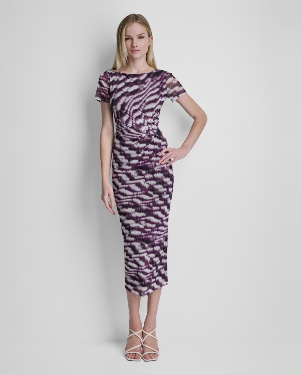 DKNY - Vestido midi entallado de manga corta de mujer.