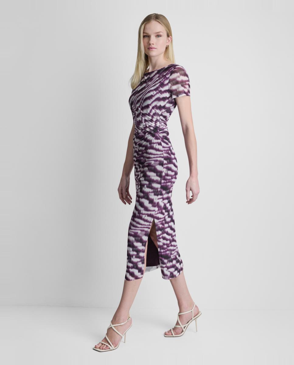 Vestido Midi Cintado com Manga Curta Roxo-4