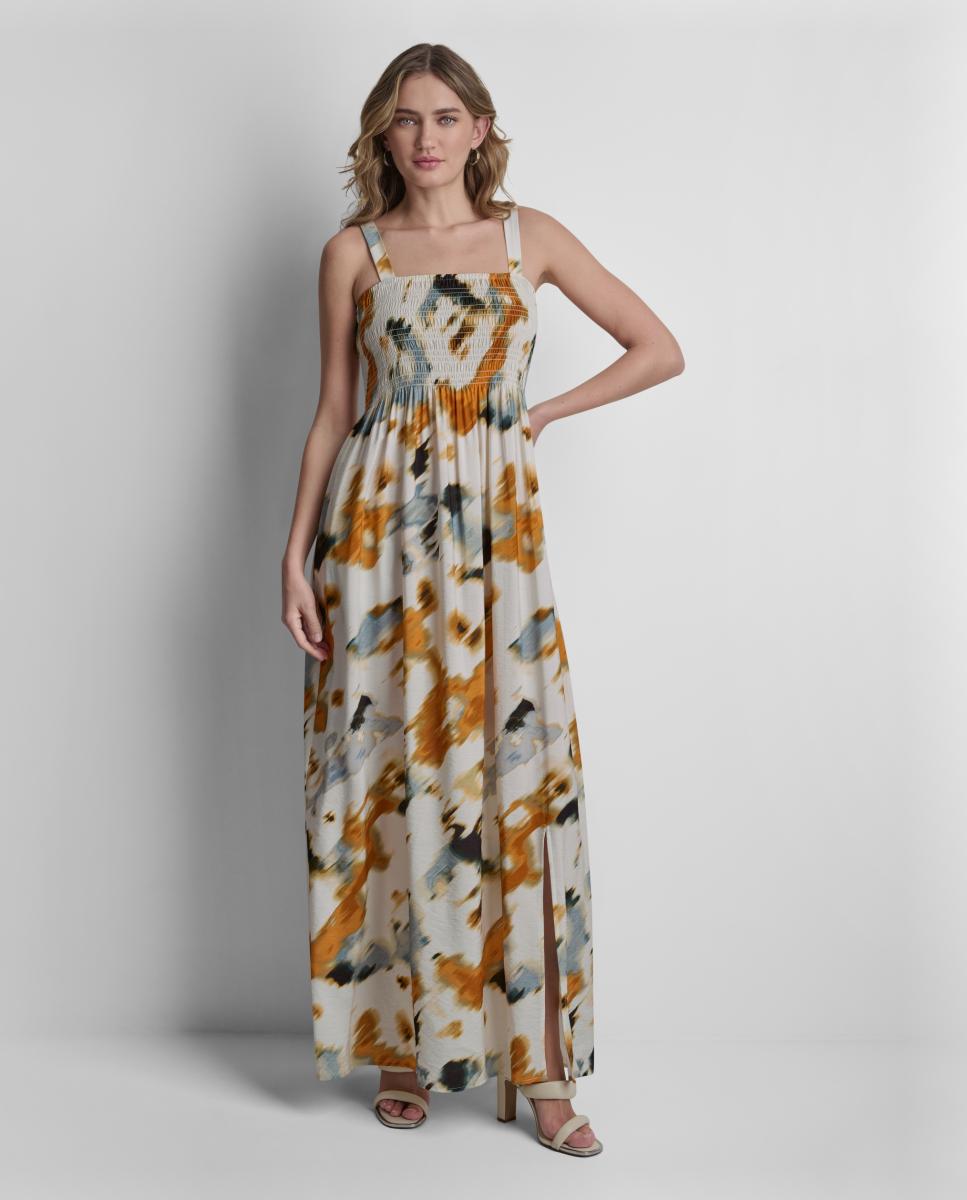 DKNY - Vestido largo de tirantes y estampado floral de mujer.