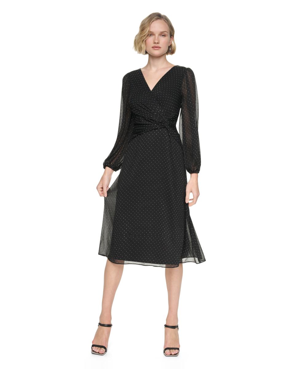 Vestido Midi de Manga Comprida e Decote em Bico Preto-2