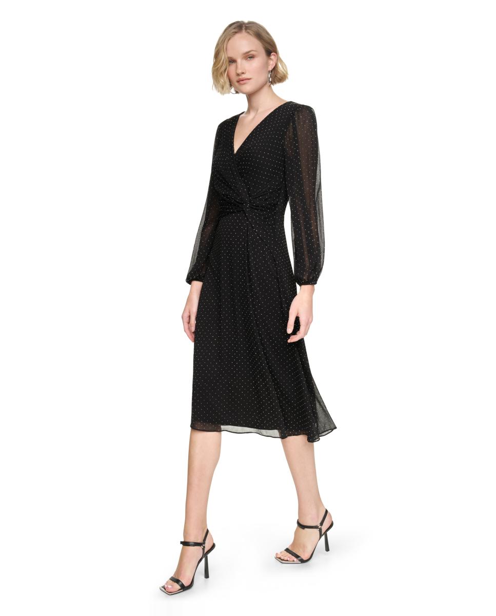 Vestido Midi de Manga Comprida e Decote em Bico Preto-3