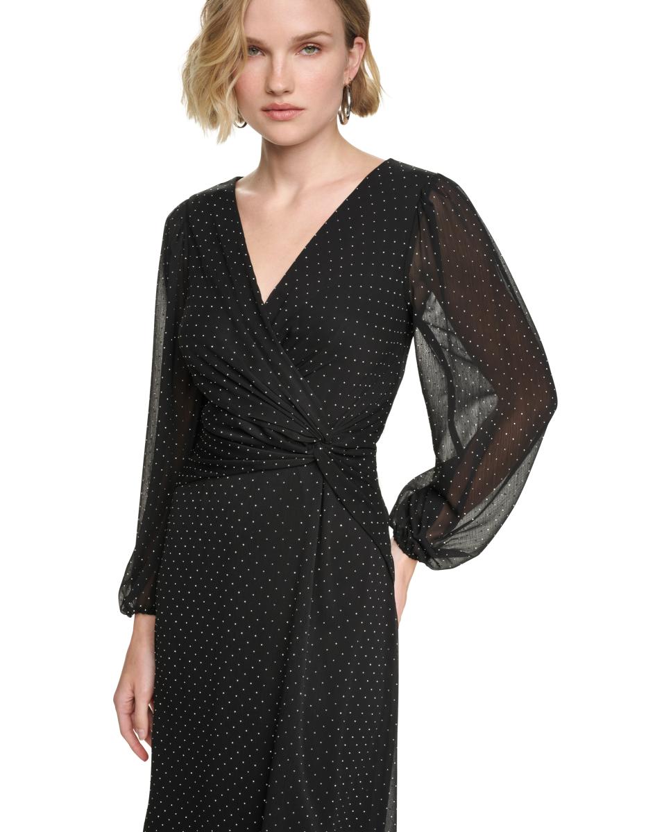 Vestido Midi de Manga Comprida e Decote em Bico Preto-4