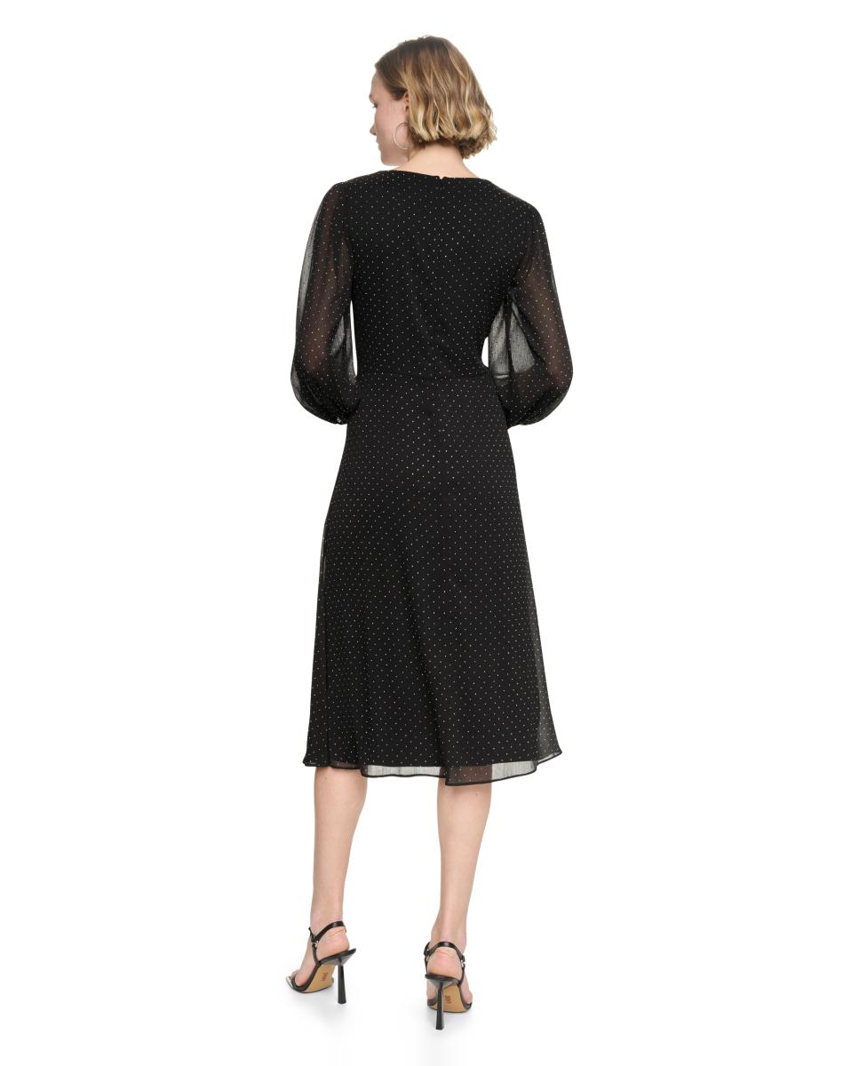 Vestido Midi de Manga Comprida e Decote em Bico Preto-5