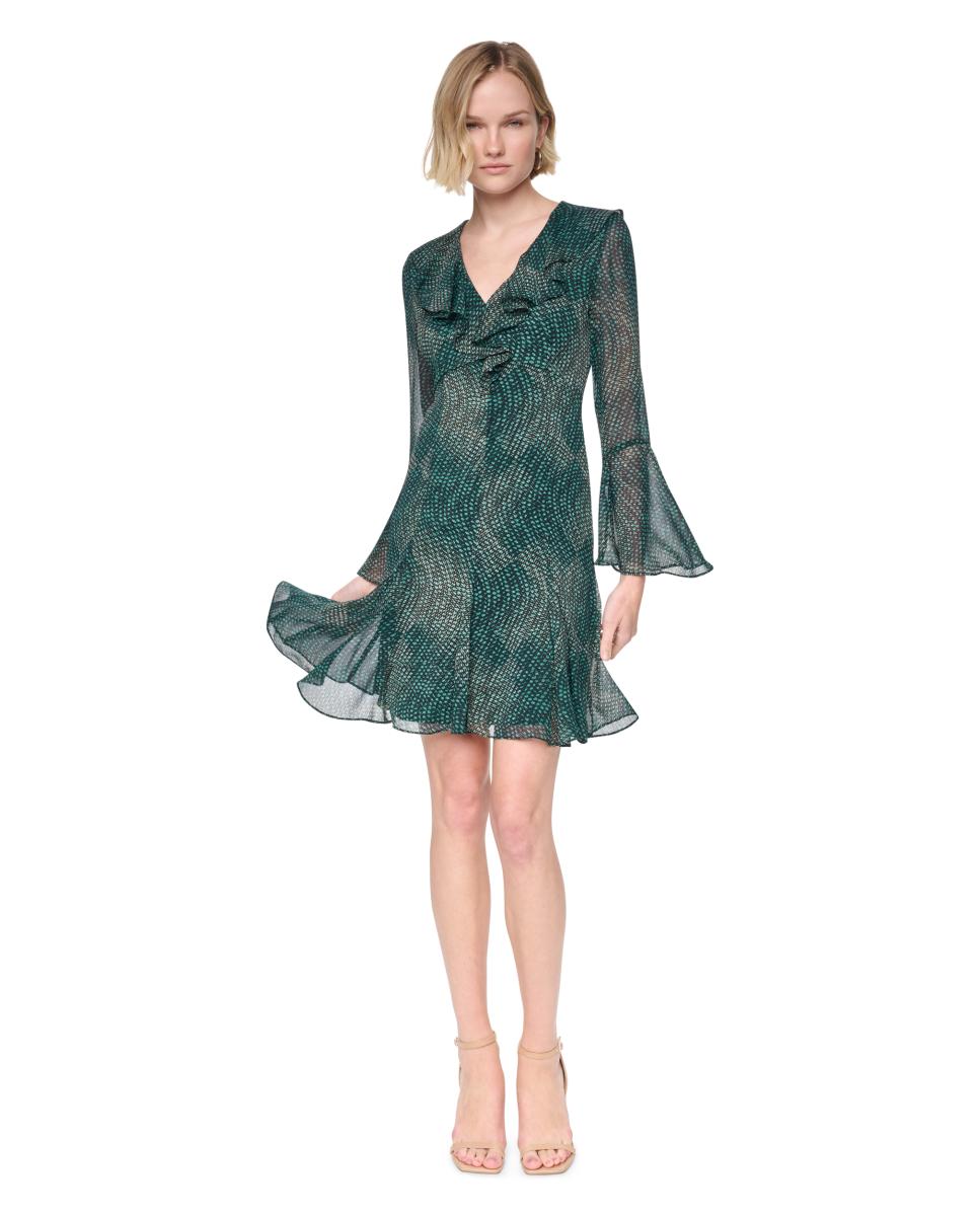 Imagem 0 de Vestido Curto de Manga Comprida e Decote em Bico com Folho