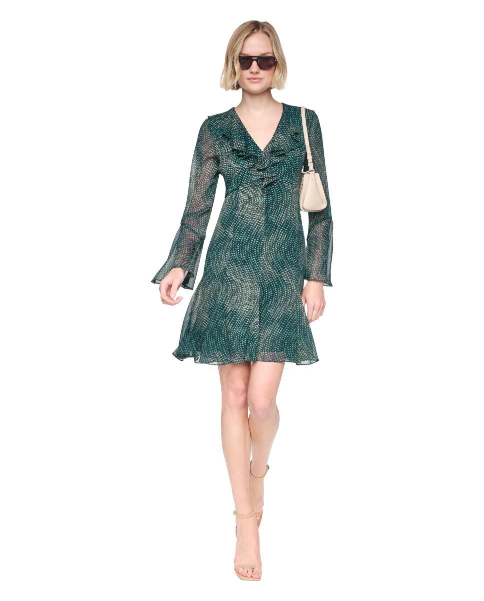 Vestido Curto de Manga Comprida e Decote em Bico com Folho Verde-escuro-2