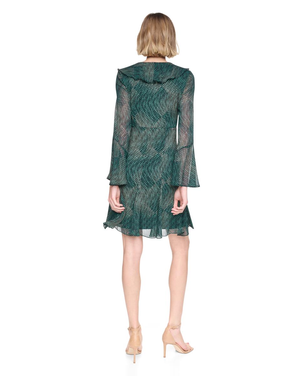 Vestido Curto de Manga Comprida e Decote em Bico com Folho Verde-escuro-3