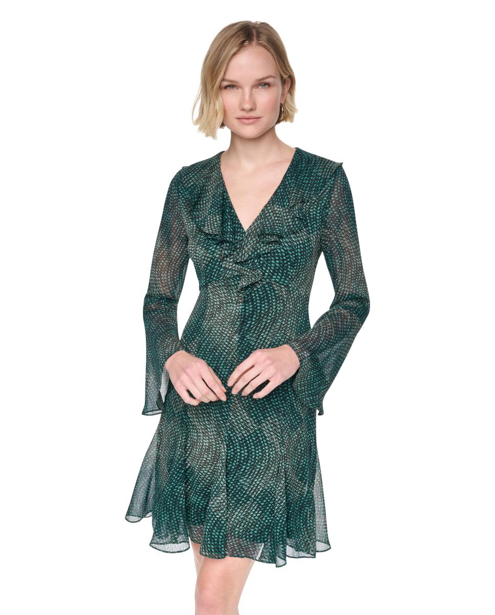 Vestido Curto de Manga Comprida e Decote em Bico com Folho Verde-escuro-4