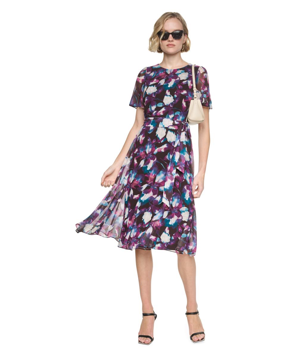 Vestido Midi Fluido com Manga Curta Multicolor-2