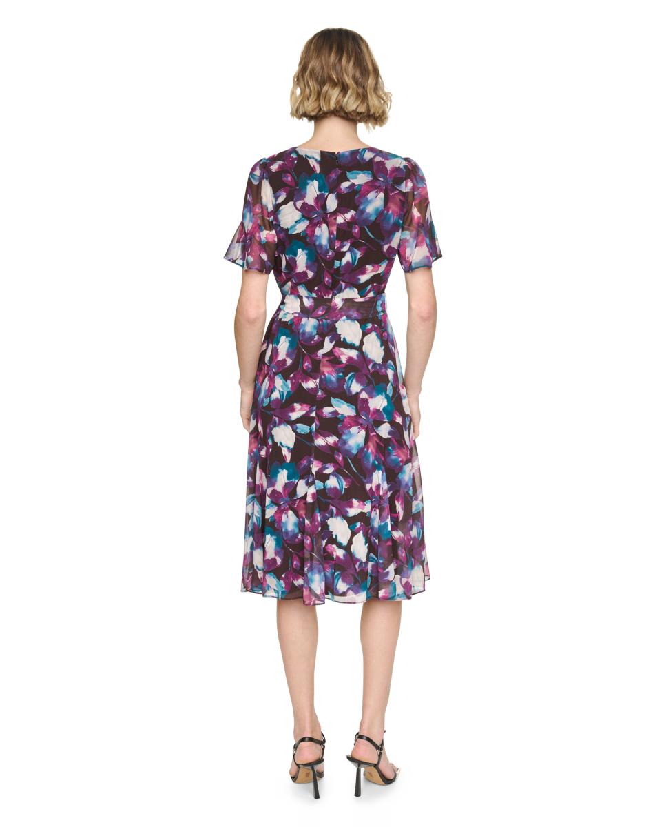 Vestido Midi Fluido com Manga Curta Multicolor-3