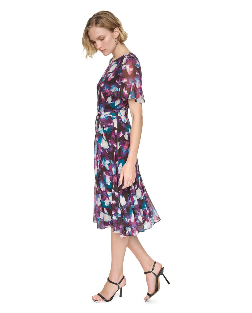 Vestido Midi Fluido com Manga Curta Multicolor-5
