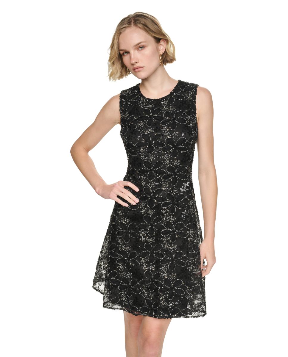 Vestido curto com renda floral Preto-5