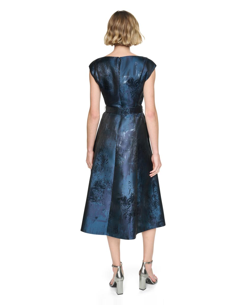 Vestido Midi com Decote em Bico e Cinto Azul-3