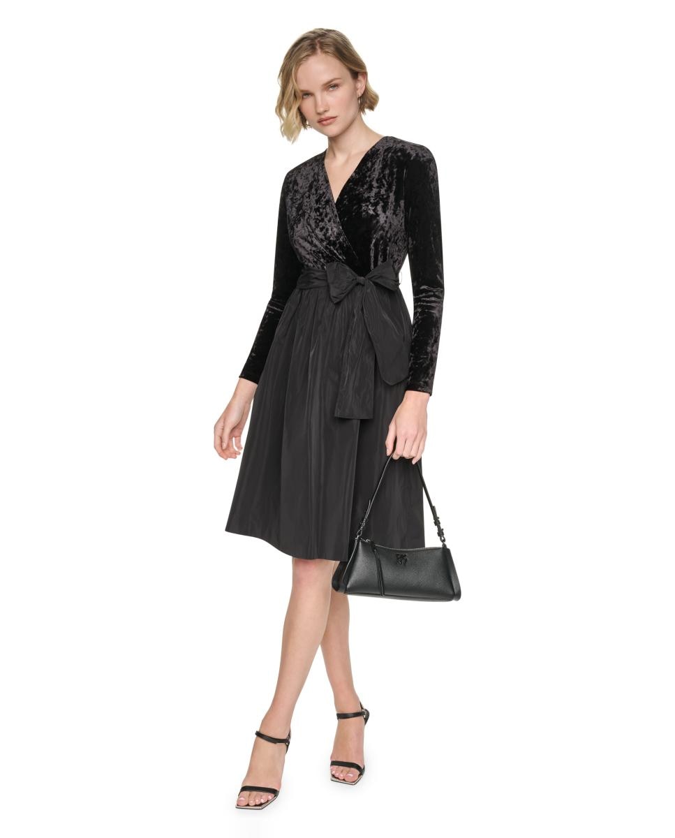 Vestido Curto de Manga Comprida com Laço Preto-2