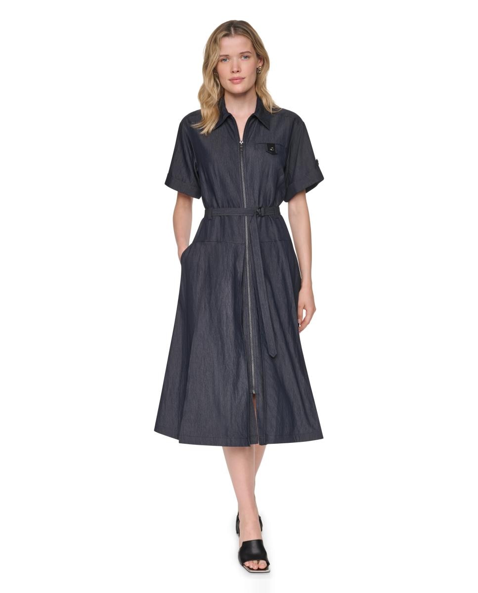 Imagen 0 de Vestido midi camisero de manga corta Azul