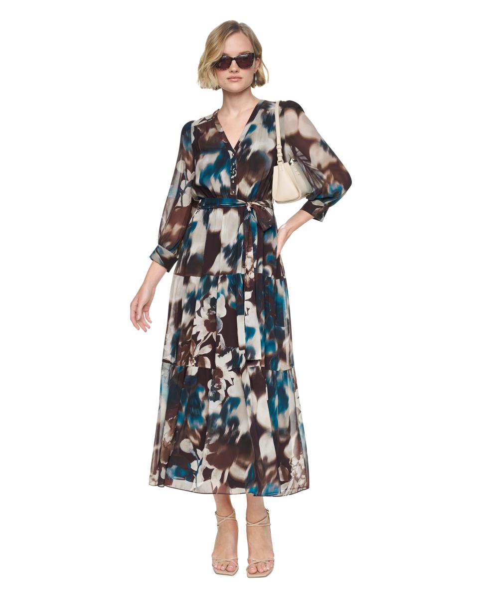 Vestido Comprido de Manga 3/4 com Estampado Floral Multicolor-2
