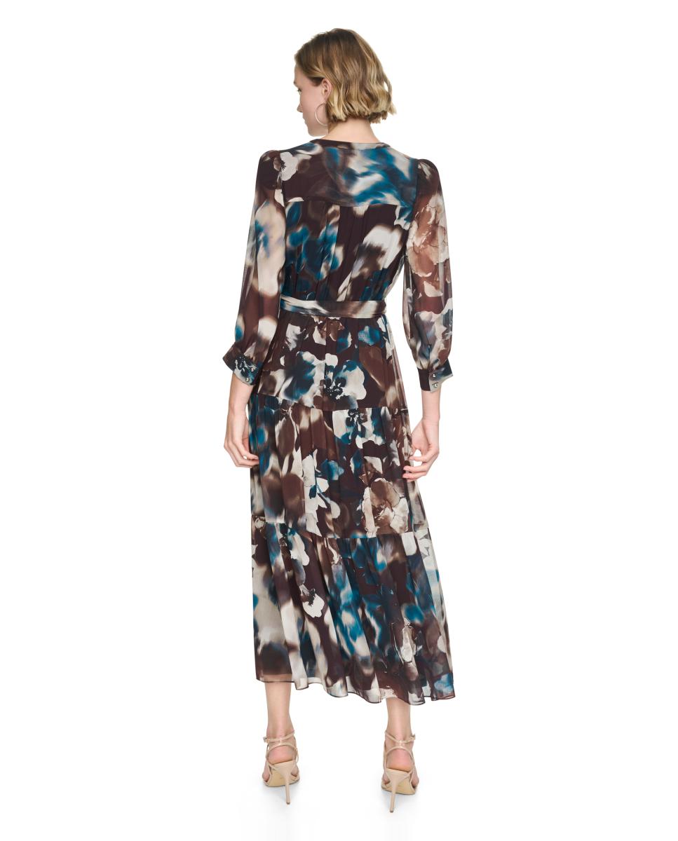 Vestido Comprido de Manga 3/4 com Estampado Floral Multicolor-3