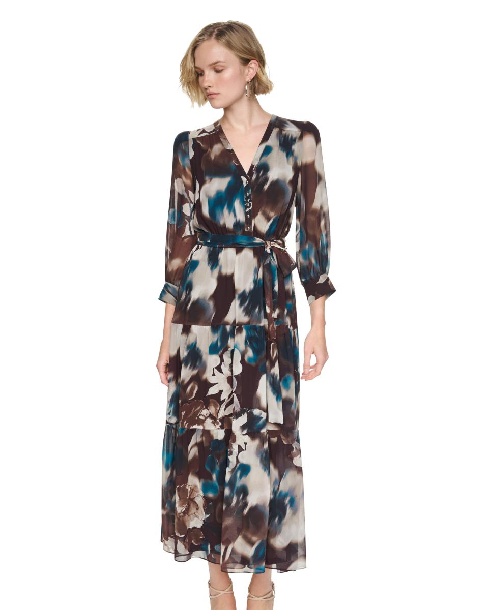 Vestido Comprido de Manga 3/4 com Estampado Floral Multicolor-4