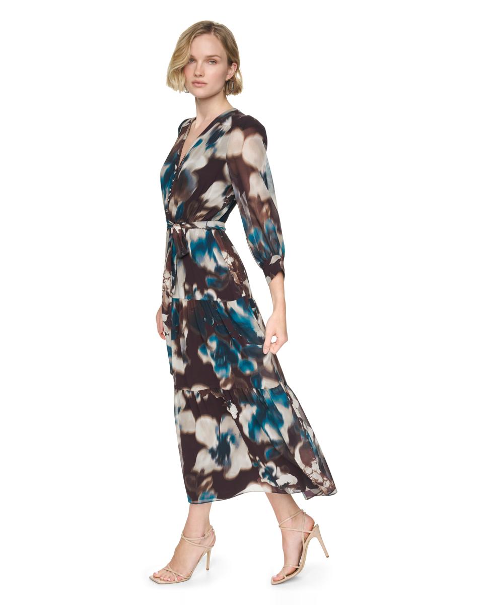 Vestido Comprido de Manga 3/4 com Estampado Floral Multicolor-5