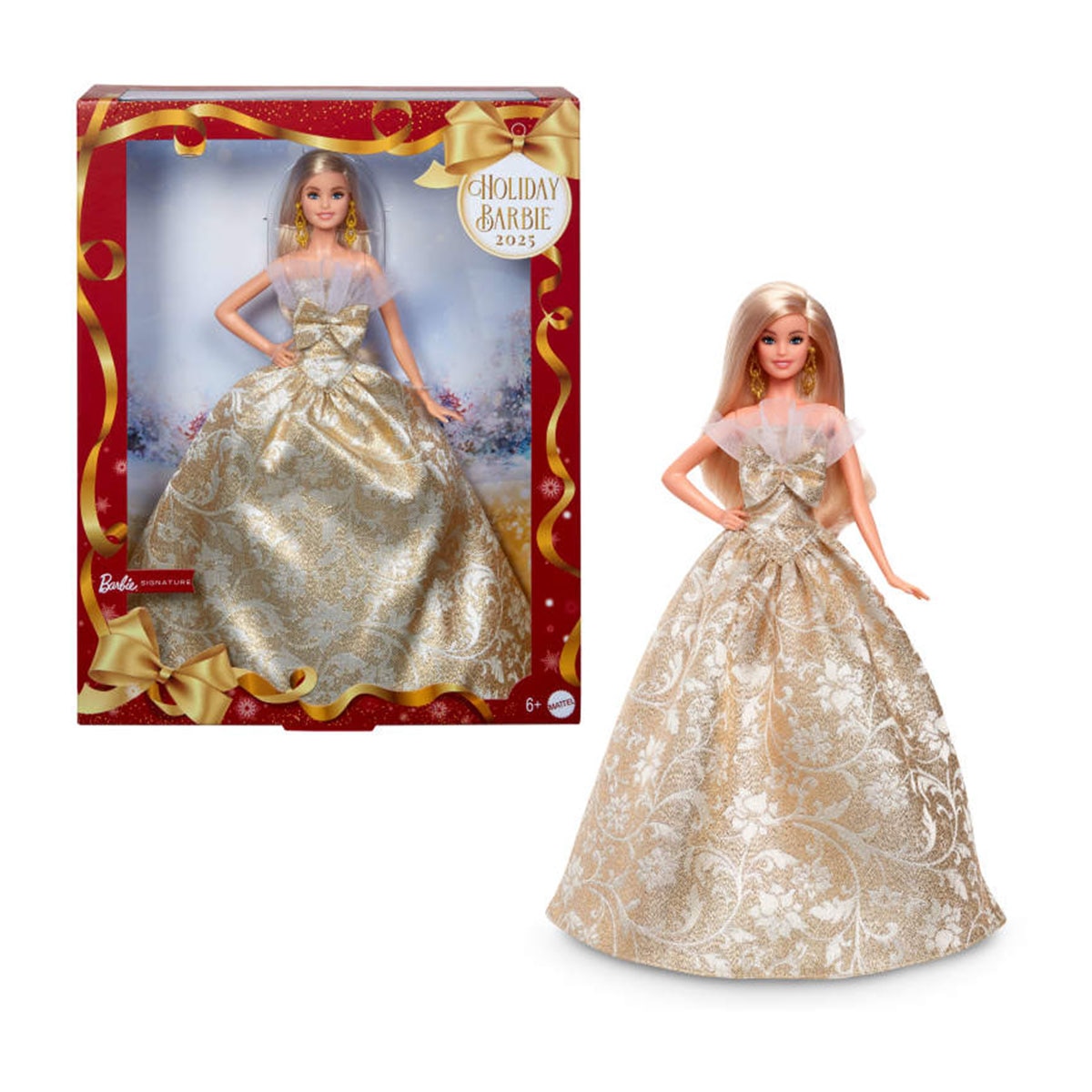 Barbie - Barbie Signature Barbie Felices fiestas 2025 pelo rubio con vestido dorado y plateado Mattel.
