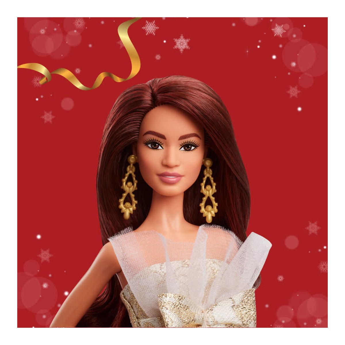 Barbie Signature Barbie Felices fiestas 2025 pelo marrón oscuro con vestido dorado y plateado Mattel 3