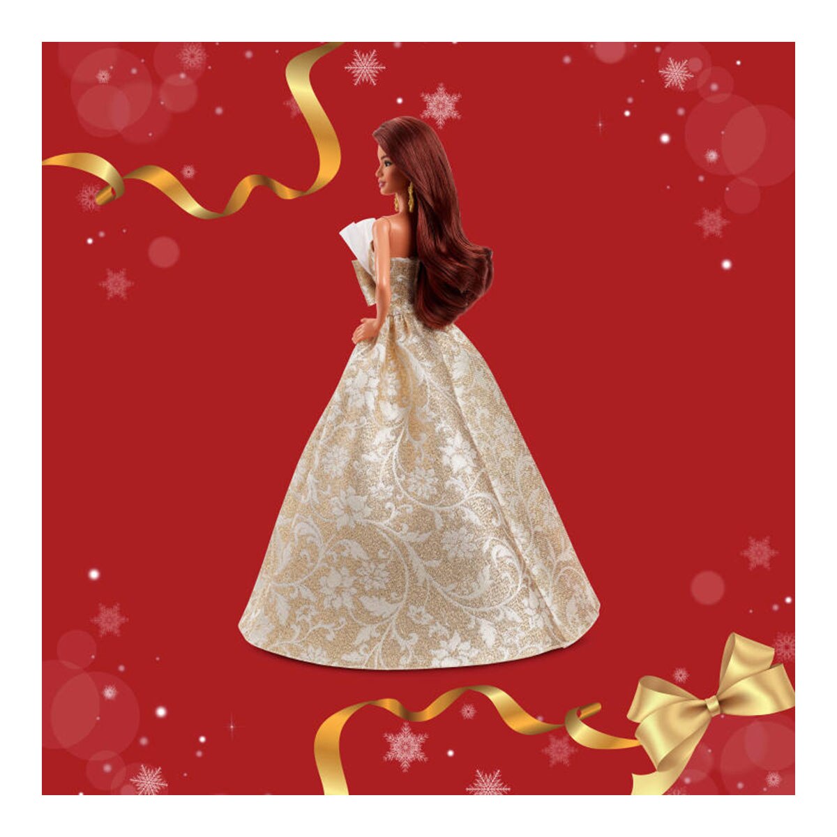 Barbie Signature Barbie Felices fiestas 2025 pelo marrón oscuro con vestido dorado y plateado Mattel 6