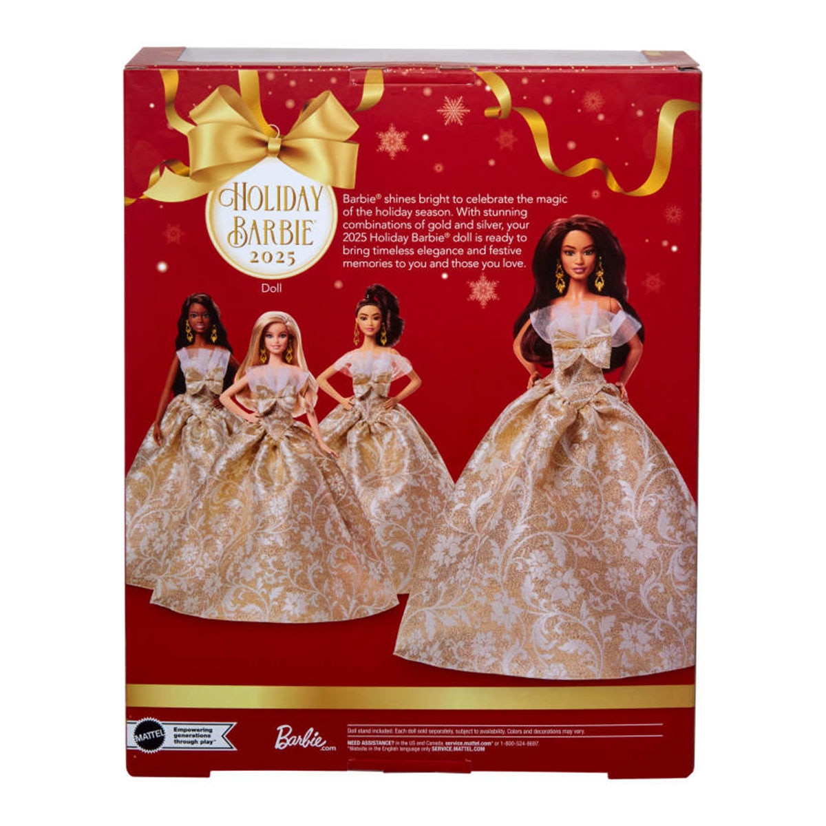 Barbie Signature Barbie Felices fiestas 2025 pelo marrón oscuro con vestido dorado y plateado Mattel 7