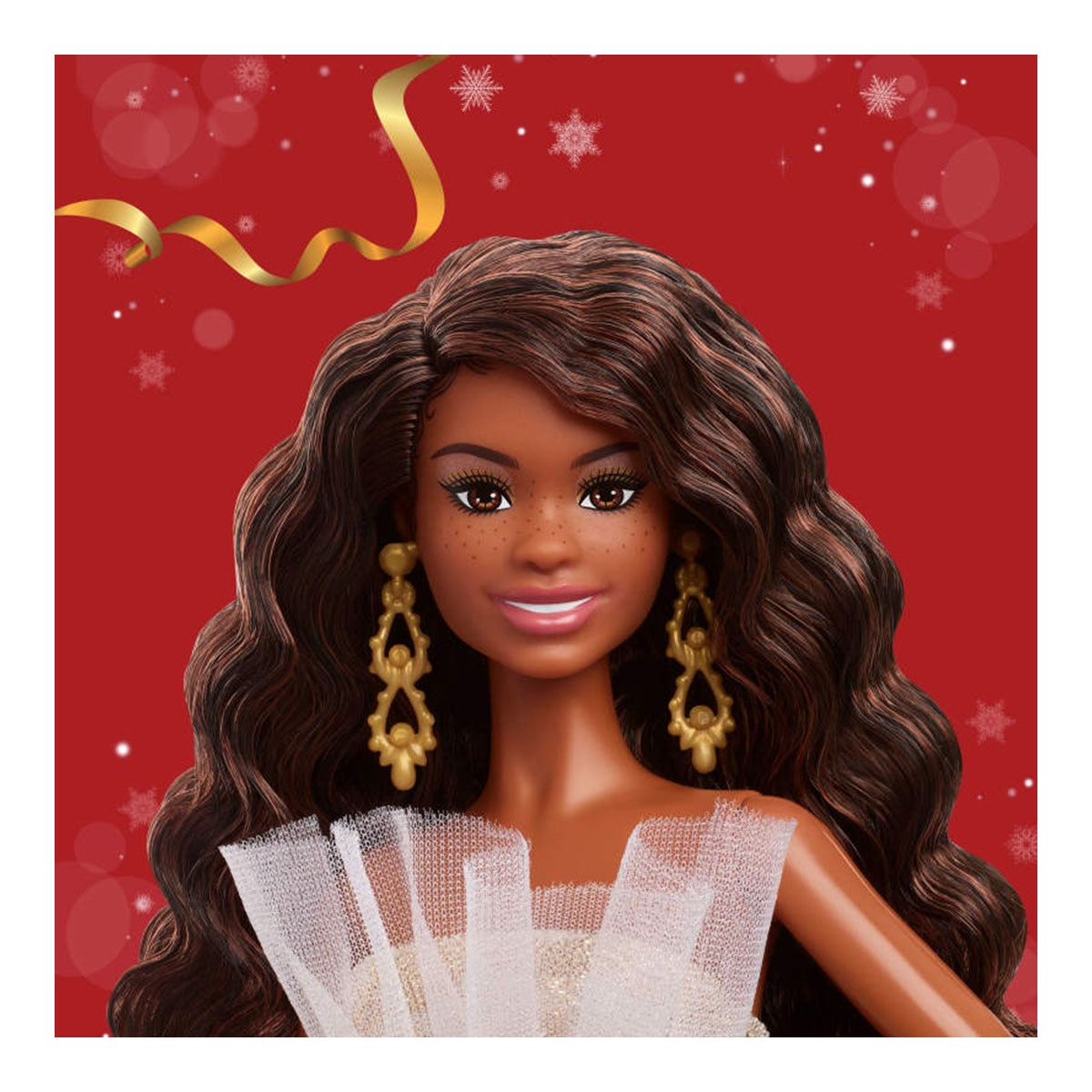 Barbie Signature Barbie Felices fiestas 2025 pelo negro con vestido dorado y plateado Mattel 3