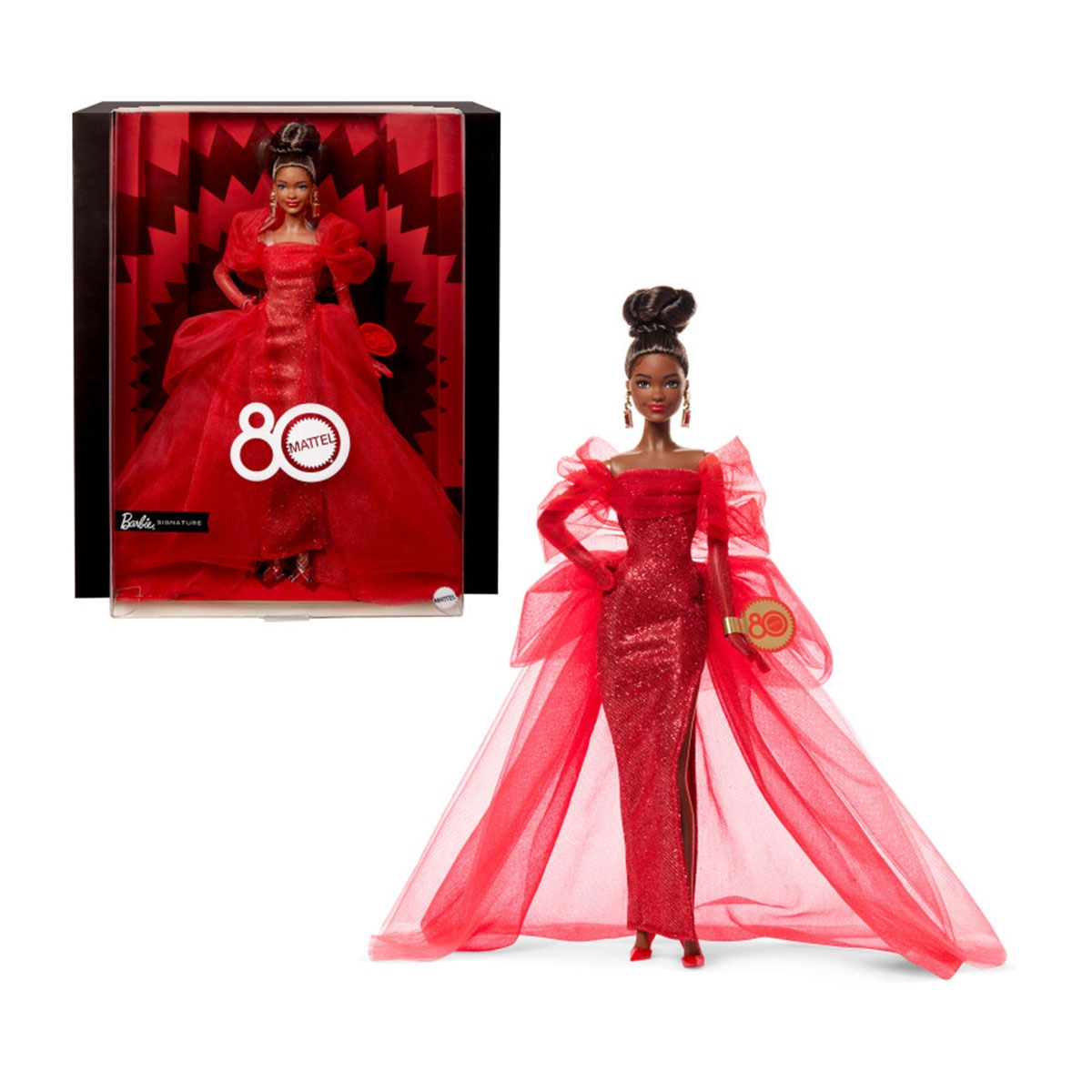 Mattel – Barbie Signature 80 aniversario con vestido largo de tul rojo brillante pelo moreno Mattel.