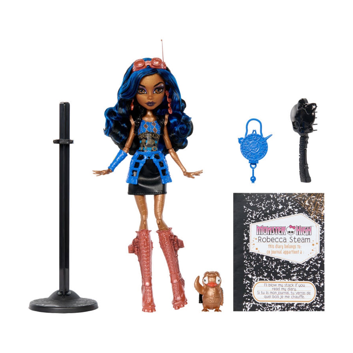 Monster High Boneca Robecca Steam com diário, suporte para a boneca e mascote 2
