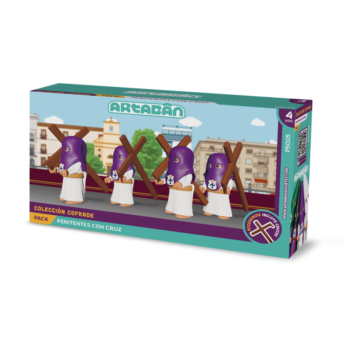 ARTABÁN - Pack 4 figuras Penitentes con Cruz Hermandad de cola morada Artabán
