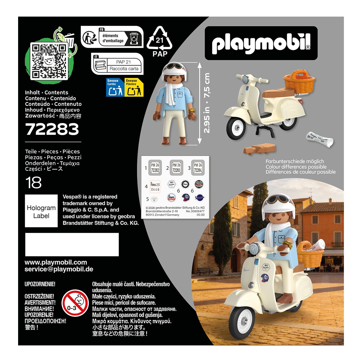 PLAYMOBIL Vespa 80 Aniversario – Scooter Clásico Color Crema Con Conductor, Cesta Y Pegatinas Exclusivas – Juguete De Colección Para Niños +5 Años
