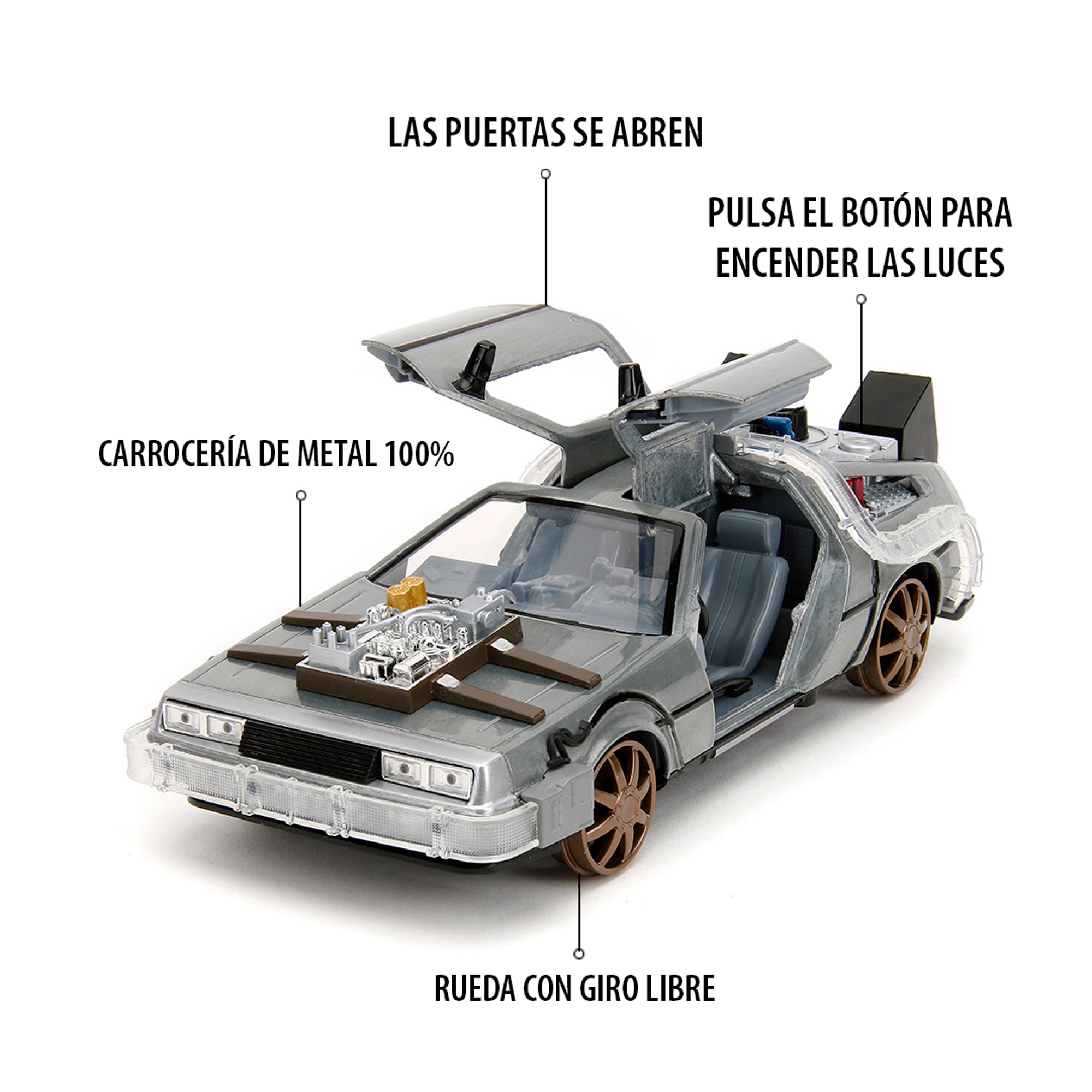 Coche Teledirigido DeLorean Regreso Al Futuro 1:16, Turbo Y Luces, Hasta 10 Km/h, Carga USB, Para Niños +6
