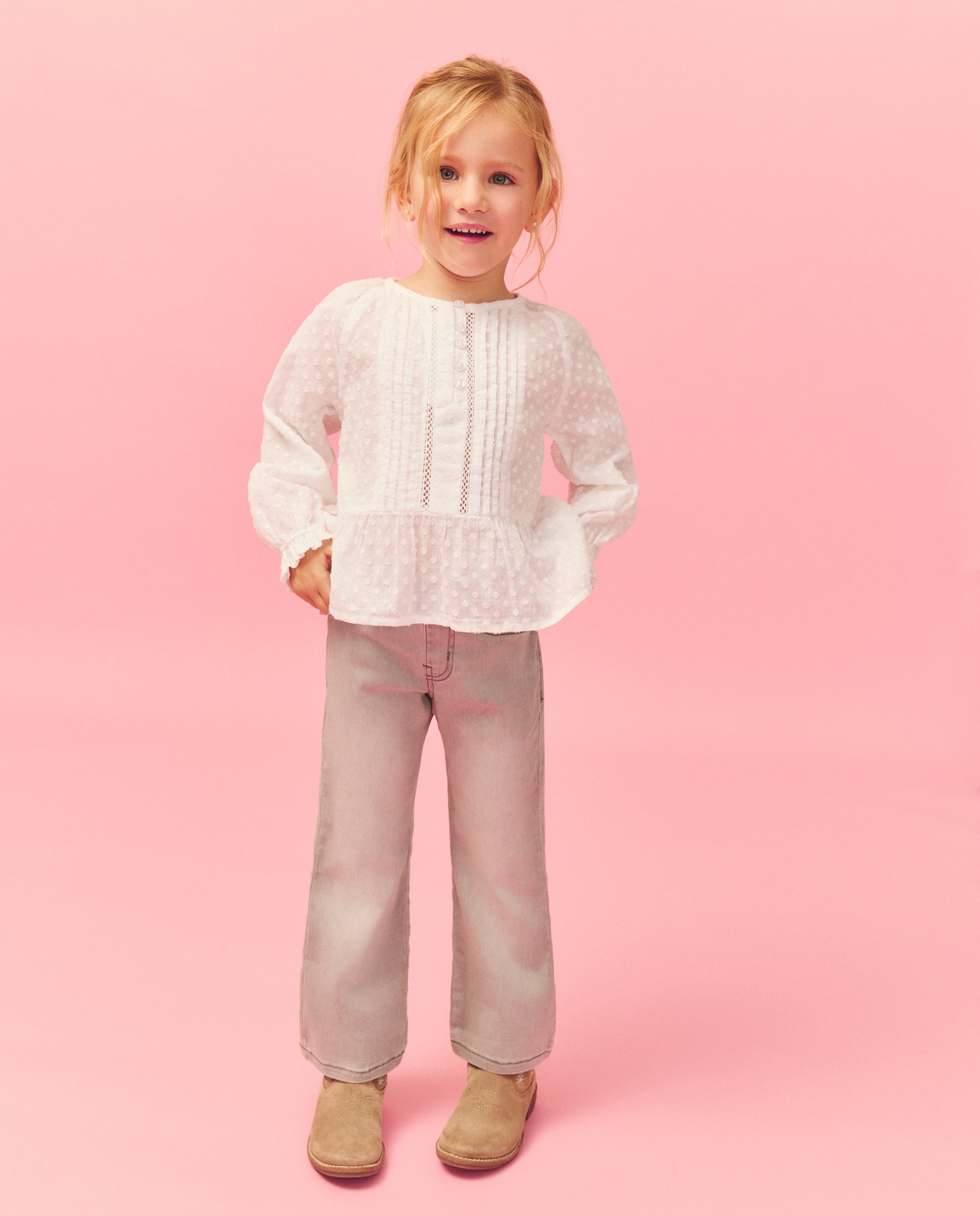 Blusa de Manga Comprida Romântica com Pregas à Frente e Peplum Branco-marfim-2